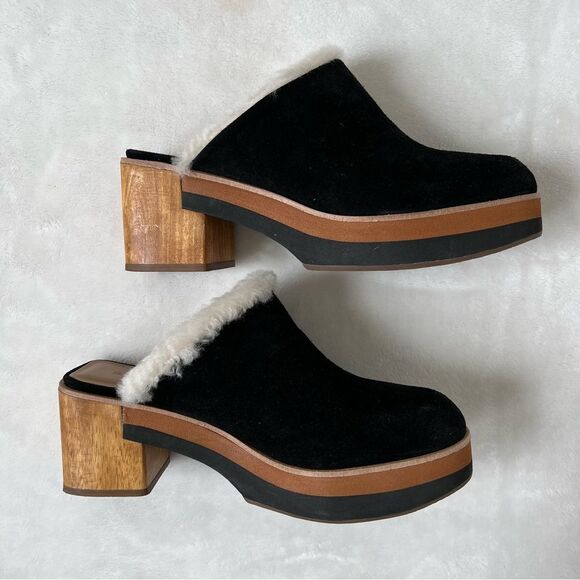 Bernardo Sky Shearling Lined Platform Clogs Wooden Heel 8.5 suede y2k Anthro - Picture 1 of 6